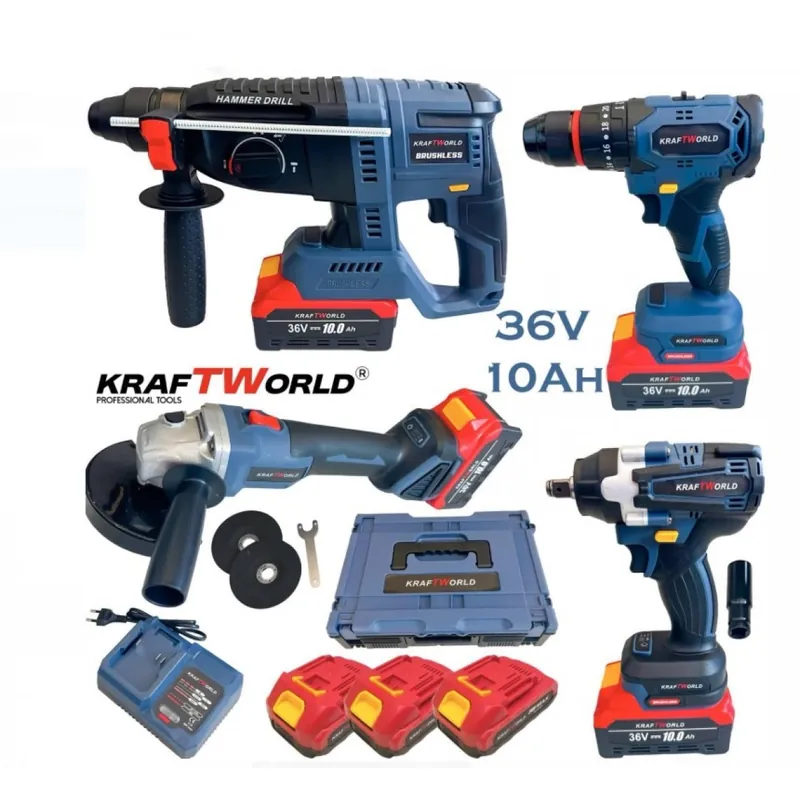 Trusa 4 piese cu acumulator 36 V, 10 Ah, KraftWorld, Model nou Brushless, Rotopercutor, Polizor unghiular, Autofiletanta & Masina de insurubat cu impact Reducere extra